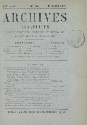 Archives israélites de France. Vol.30 N°13 (01 juil. 1869)